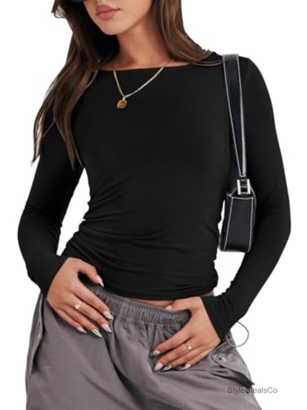 Women's Fitted Long Sleeve Crop Top Y2K Slim Fit Crew Neck
